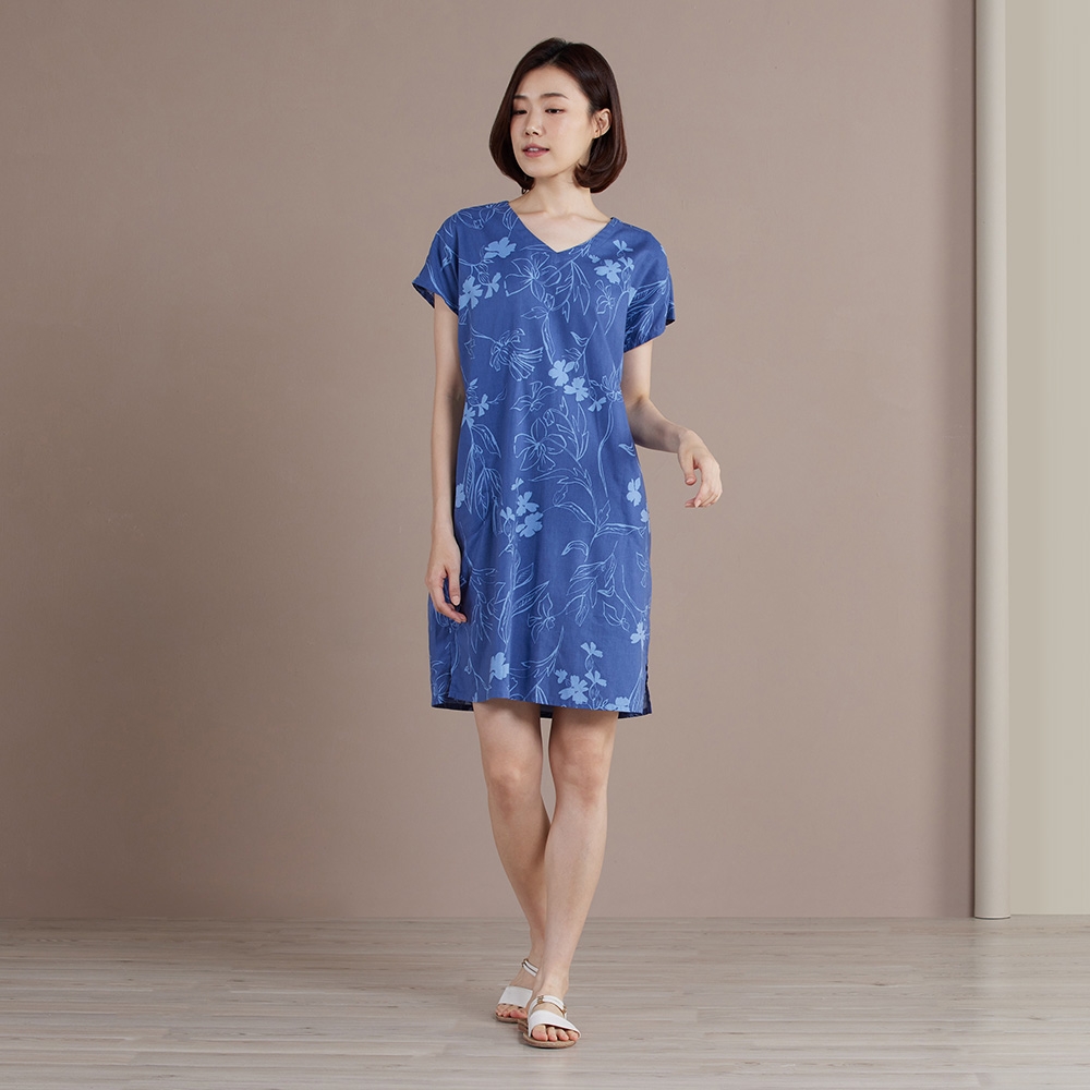 天絲麻印花短袖洋裝-藍產品圖