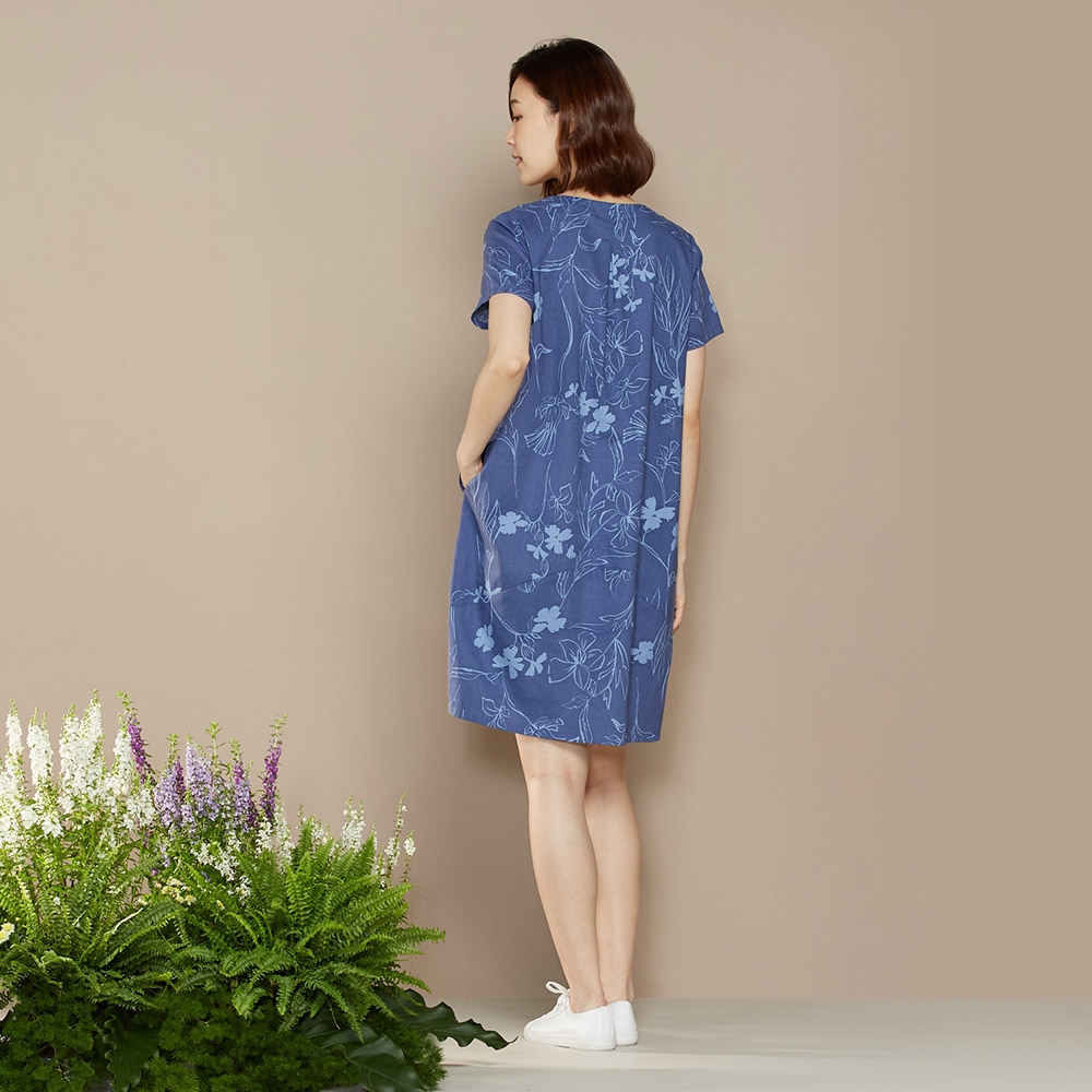 天絲麻印花半開襟短袖洋裝-藍產品圖