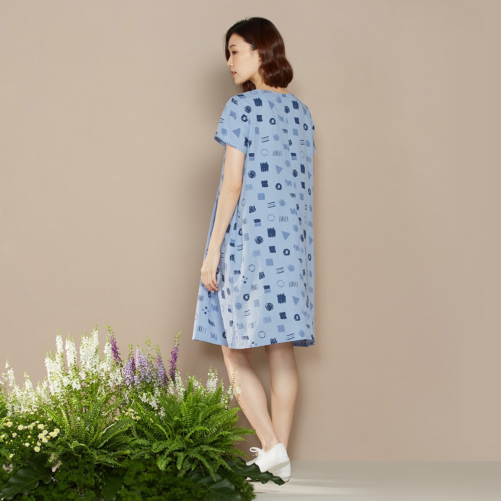 幾何印花短袖洋裝-藍產品圖