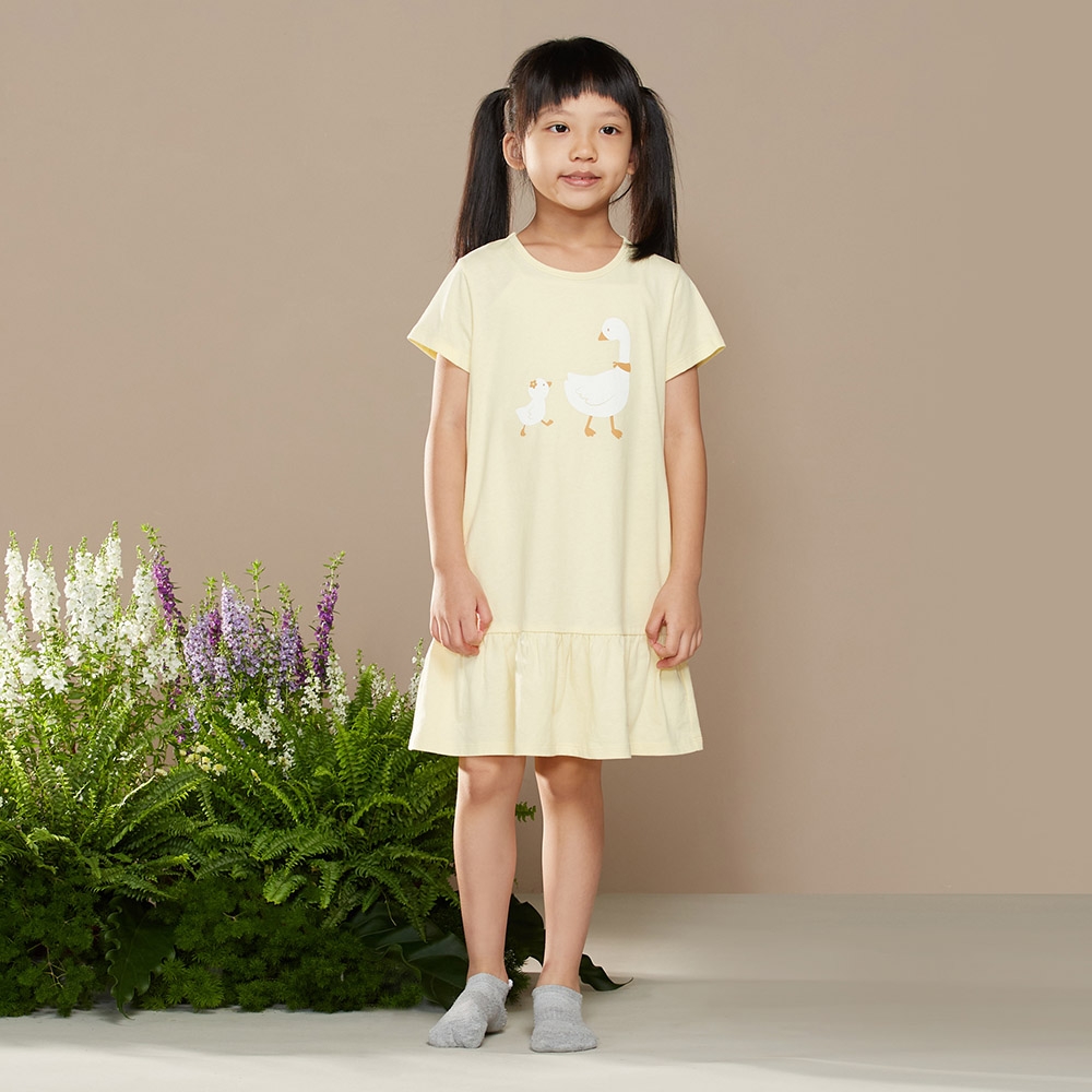童裝｜親子鵝網印短袖洋裝-鵝絨黃（S/M）產品圖